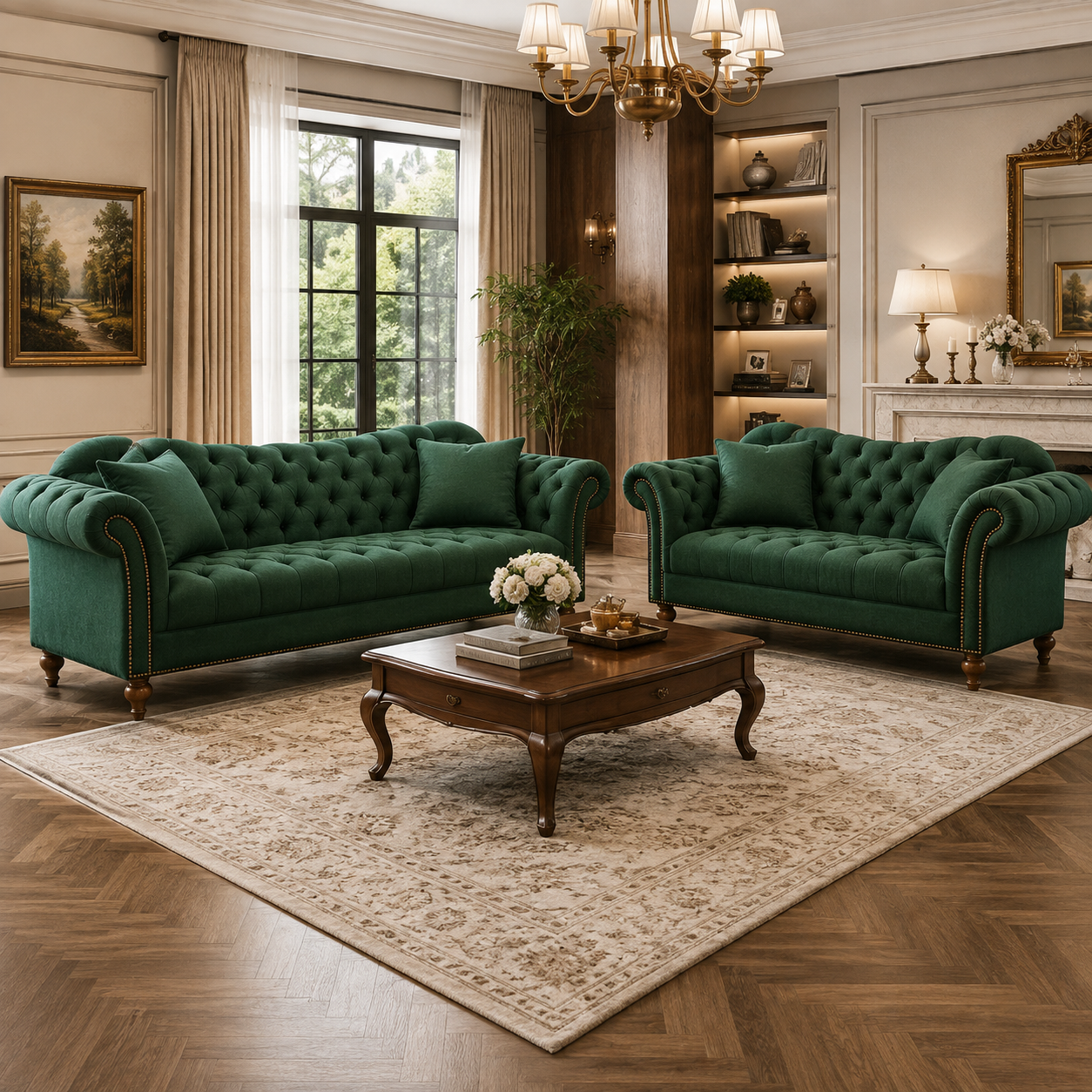 Milano Royal Green Chester 3+2 Fabric Sofa Set with deep button tufting, elegant rolled arms and classic wooden turning legs.
