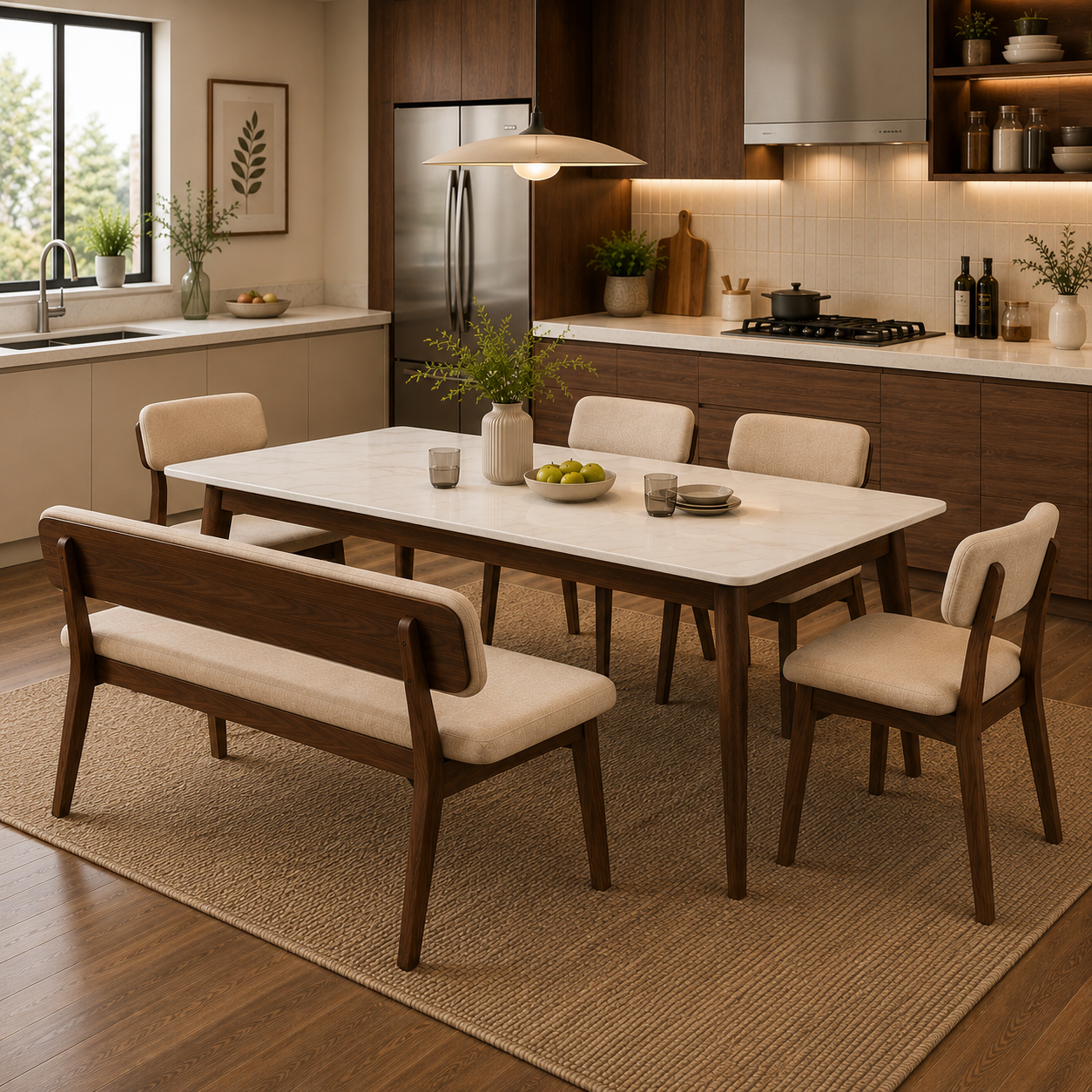 A premium 6-seater dining set that blends solid wood craftsmanship, contemporary comfort, and a sophisticated Korean-finish tabletop.