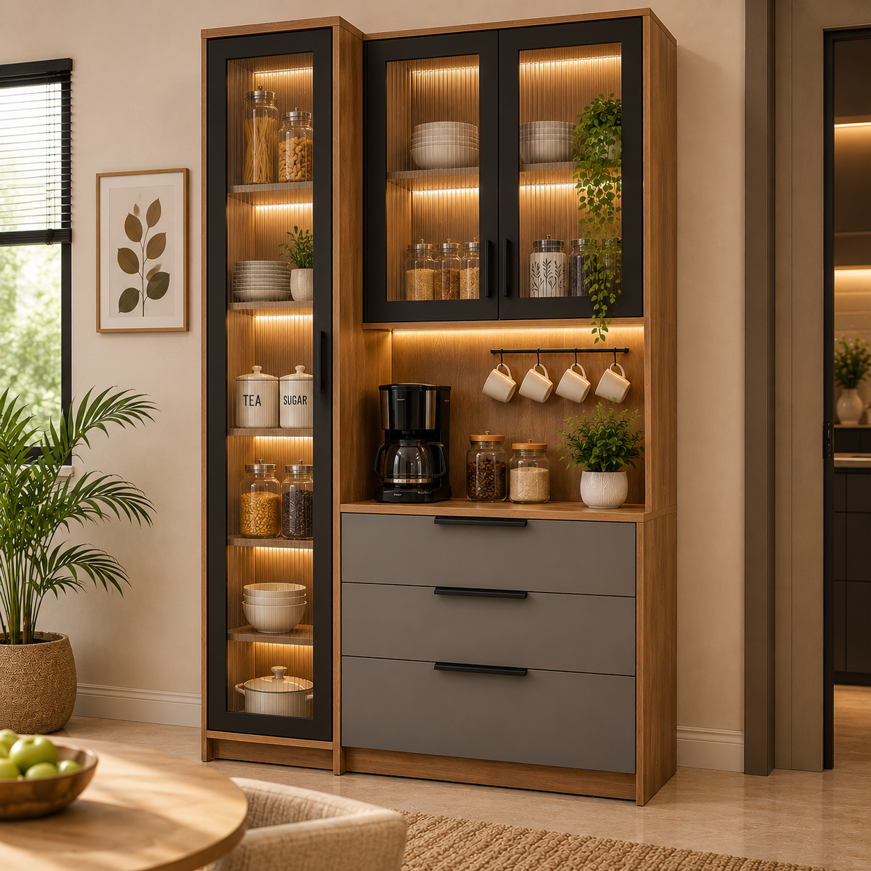 Arlo modern engineered wood crockery unit featuring natural oak laminate, sleek black glass shutters, grey drawers, and warm LED lighting