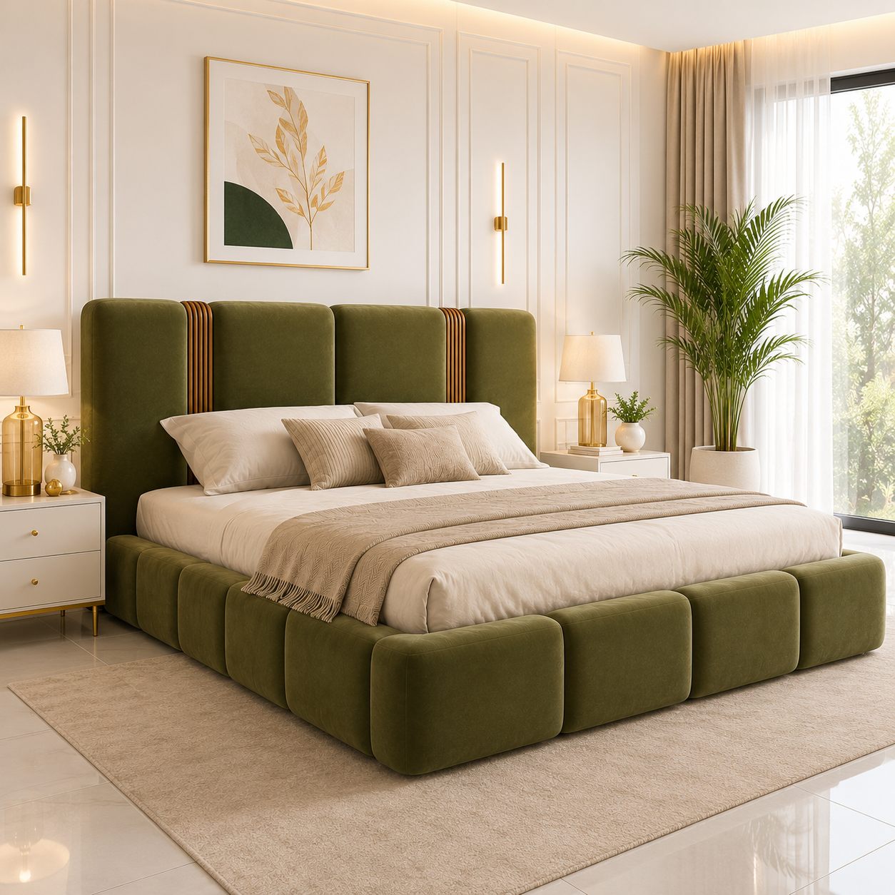 Queen Size Hydraulic Storage Bed | Olive Green Velvet Upholstery