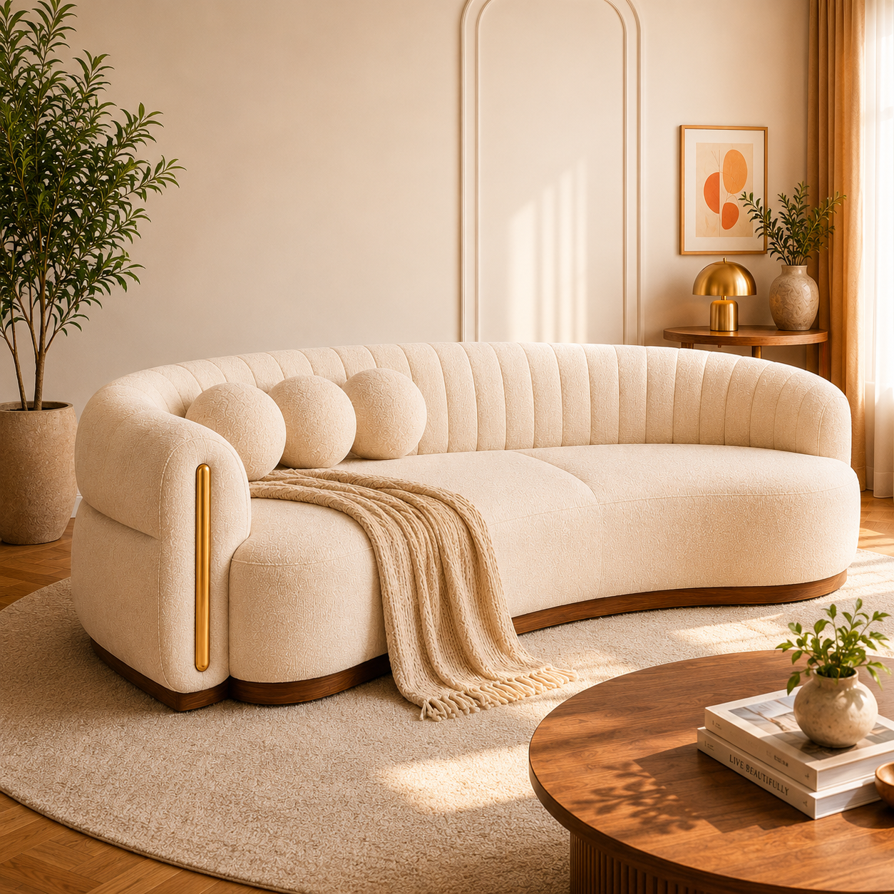 Celeste luxurious curved sofa combining modern design, fluted detailing, premium bouclé fabric and elegant gold-finish accents.