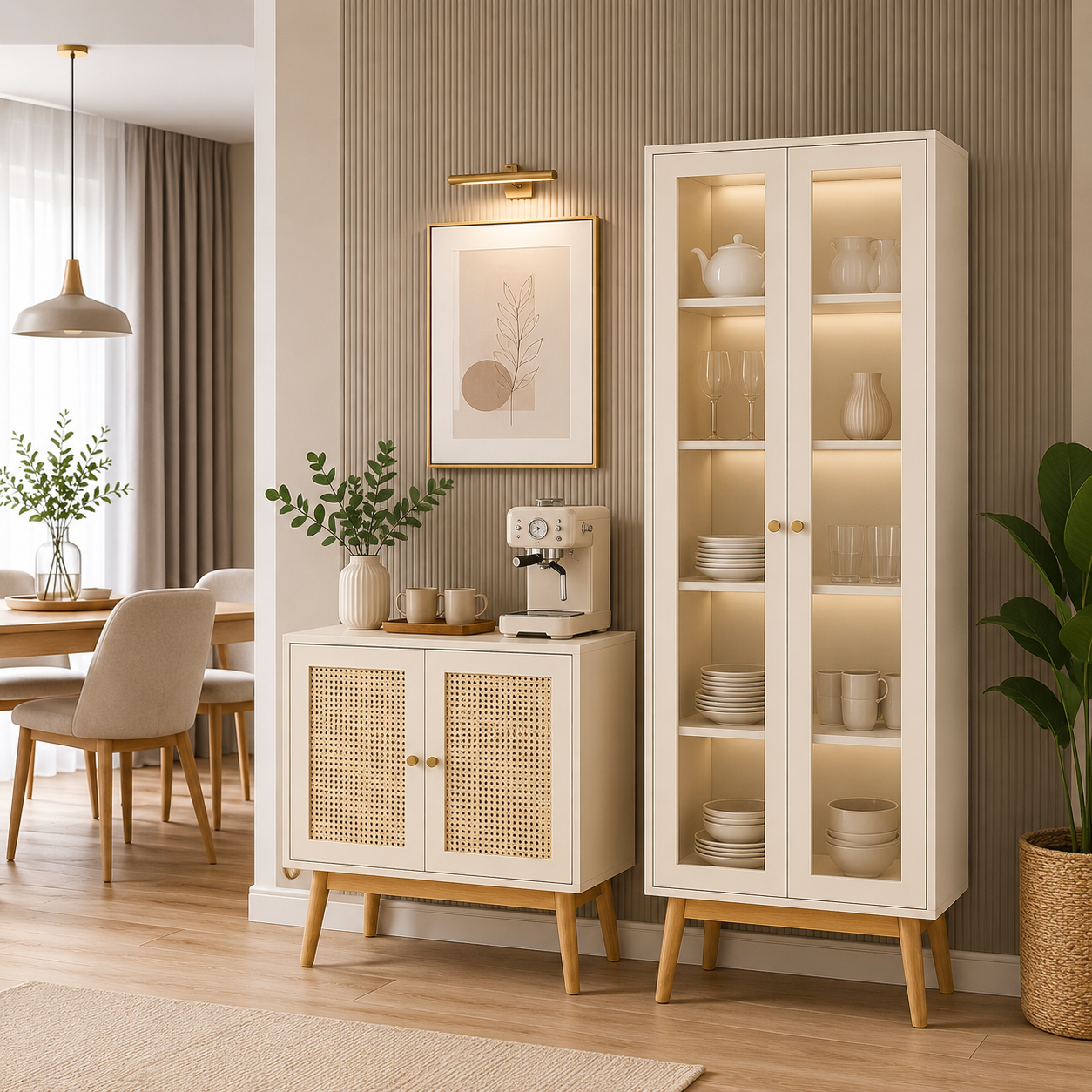 Scandi Rattan Elegant cane finish storage Set Side cabinet + Tall unit.