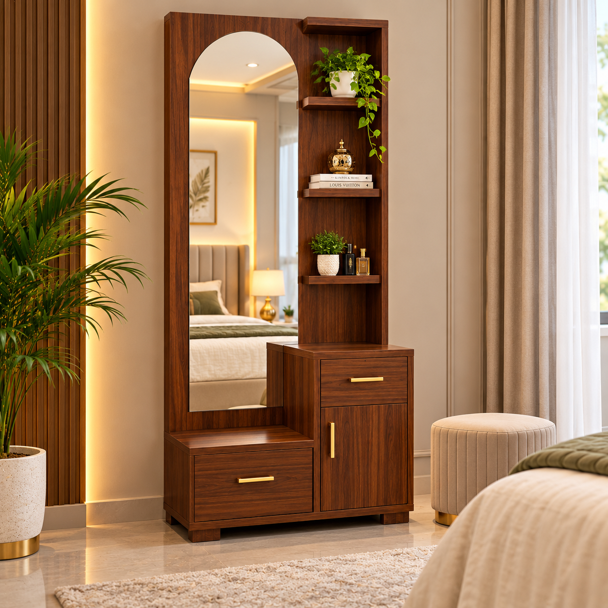 Cosmo Premium Walnut Dressing Table with Mirror and Smart Storage Design