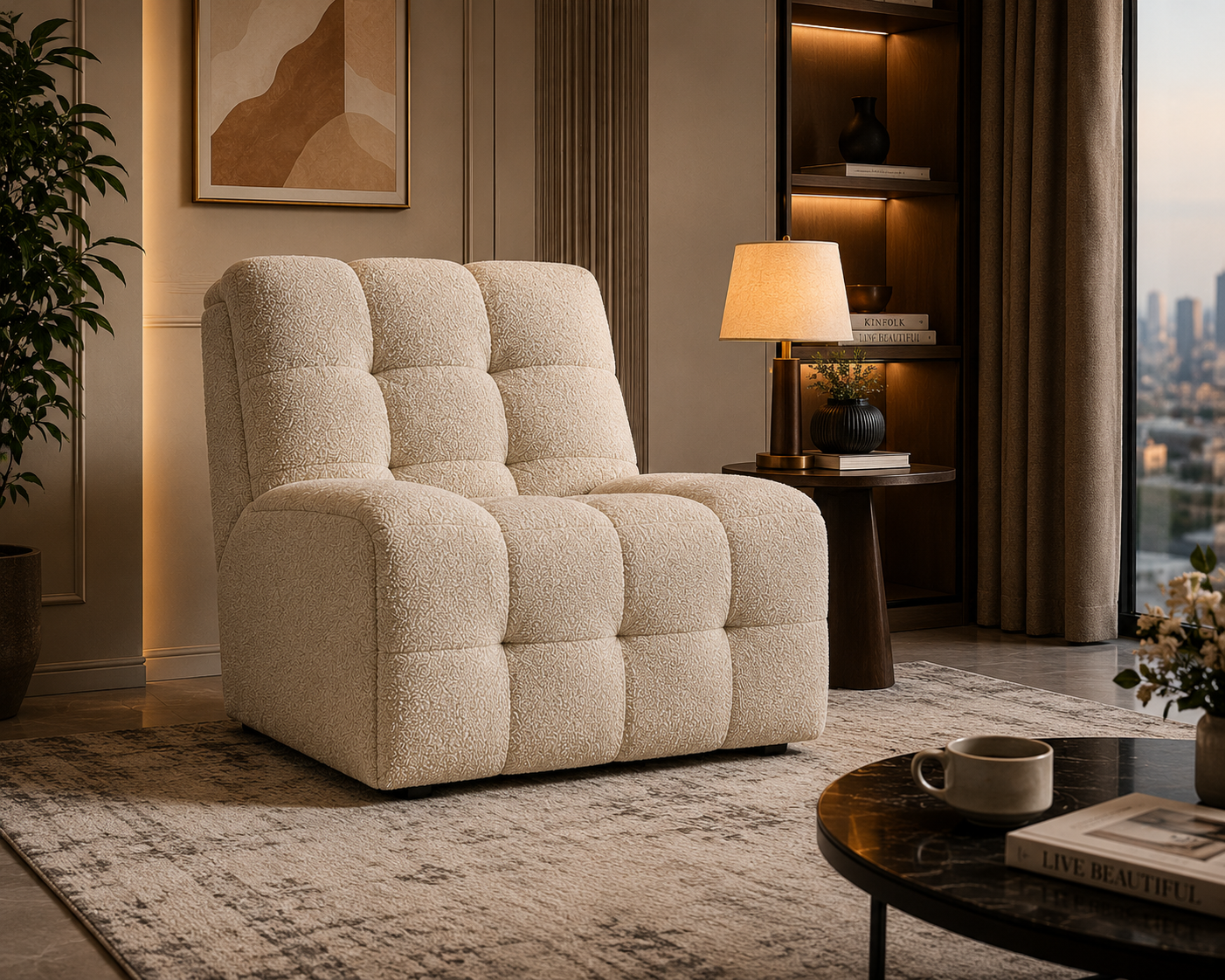 Norton premium handle-free manual recliner with tufted box detailing and soft bouclé upholstery, designed for modern comfort and minimalist living.