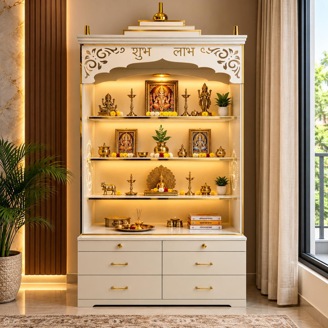 Aaradhya Elegant white and gold finish Mandir with premium storage and craftsmanship.