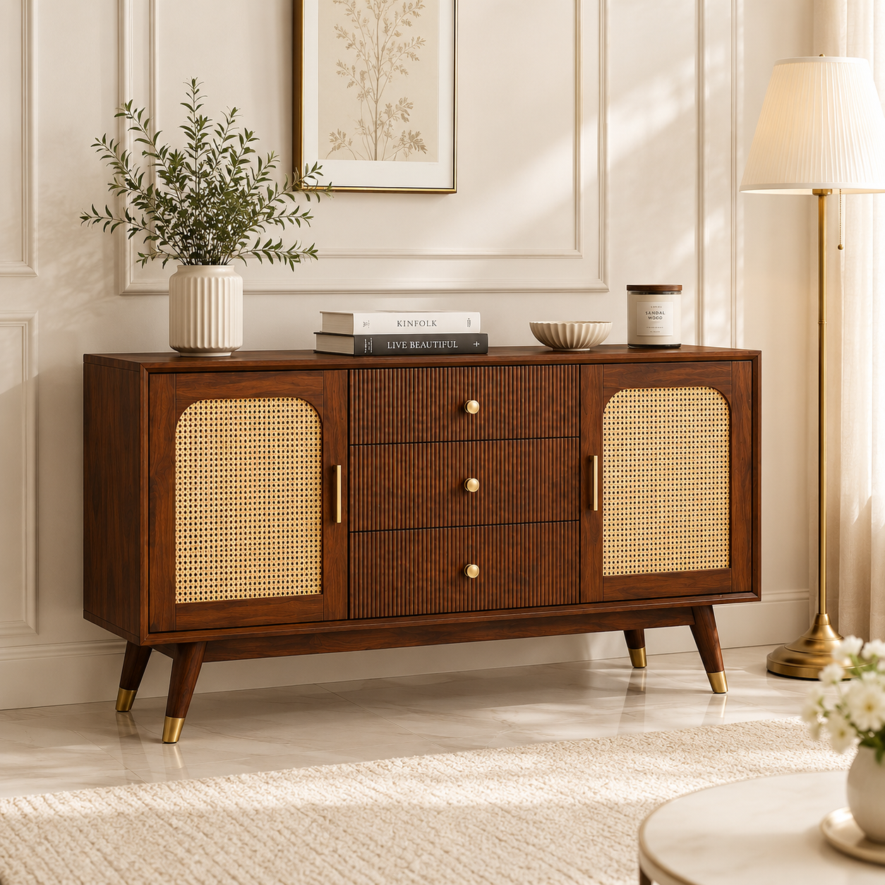 Avira solid wood sideboard featuring natural cane panels, CNC fluted drawers, and a rich walnut finish for elegant and functional storage.