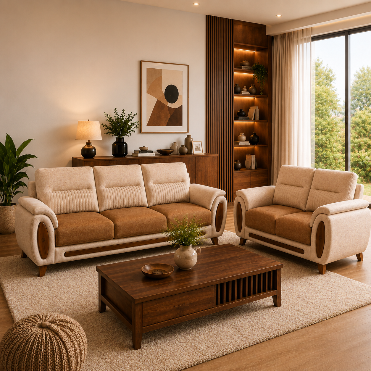 Verona Premium beige and brown dual-tone 3+2 Seater Fabric sofa offering timeless style, comfort and durability.
