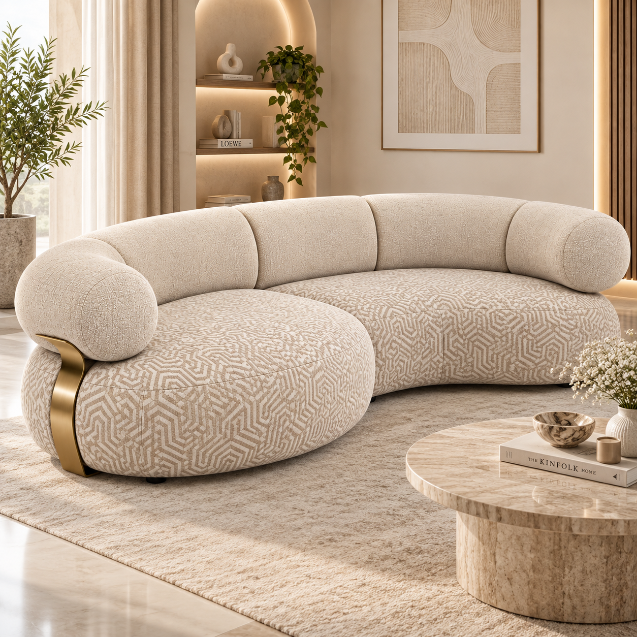 Cocoon Luxury curved sofa with patterned fabric, brass accents, premium comfort.