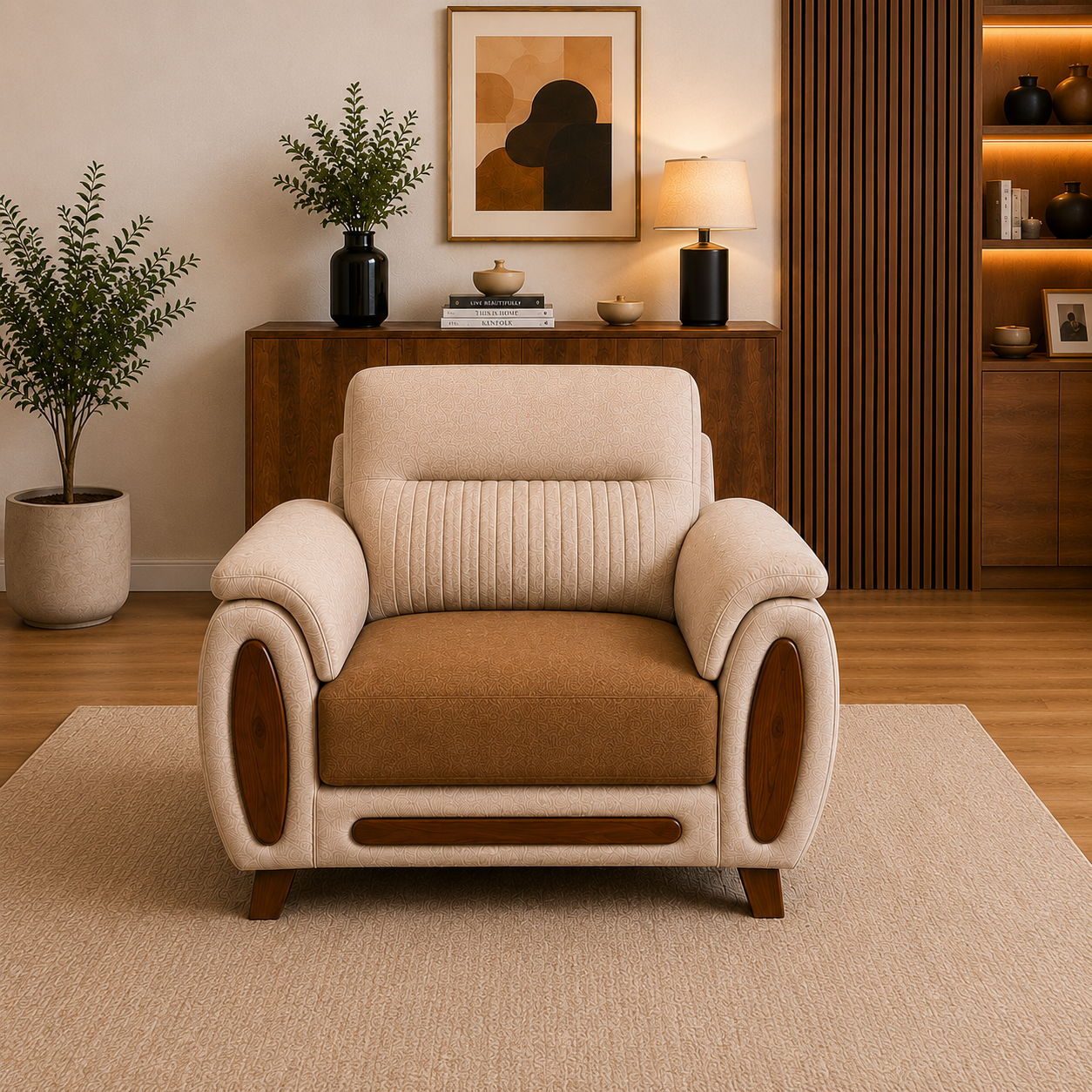 Verona Premium beige and brown dual-tone 1 Seater Fabric sofa offering timeless style, comfort and durability.