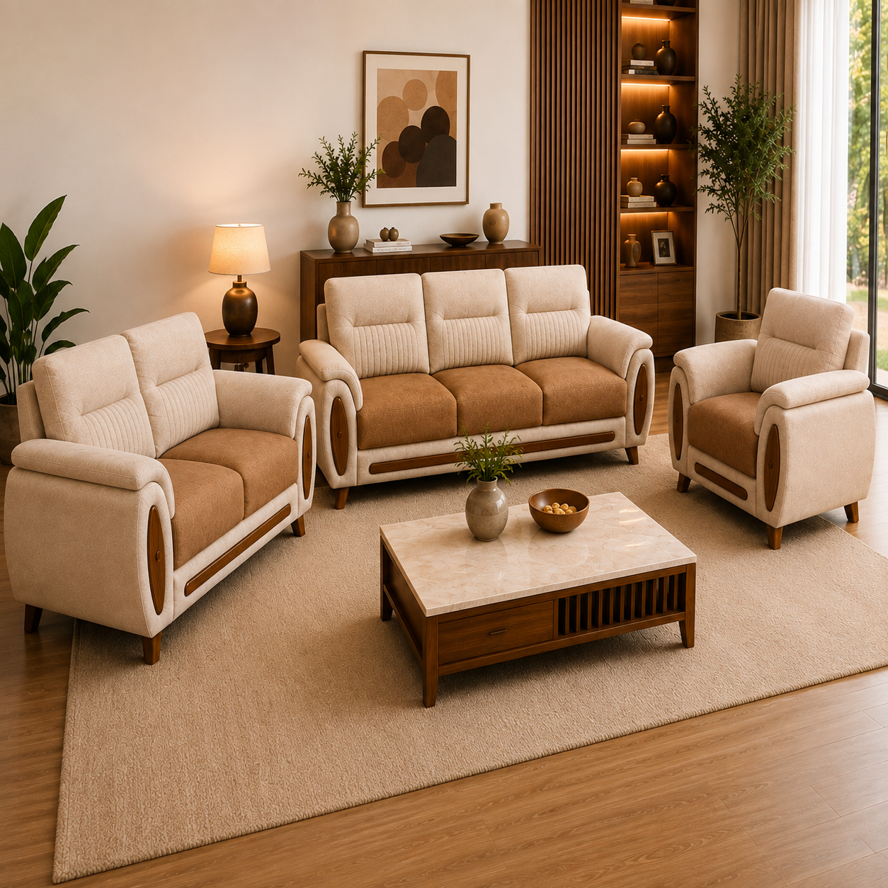 Verona Premium beige and brown dual-tone 3+2+1 Seater Fabric sofa offering timeless style, comfort and durability.