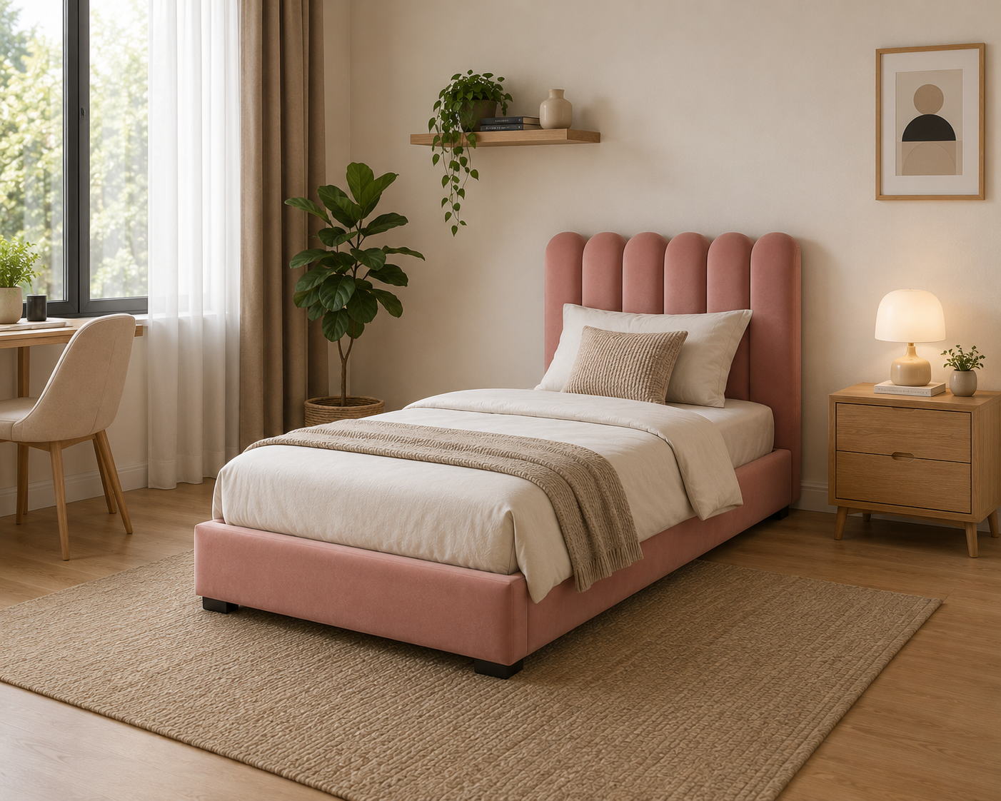 A premium Pitch Pink color upholstered single bed featuring a modern vertical-channel headboard, With Hydraulic Storage, soft velvet finish, and elegant contemporary styling.