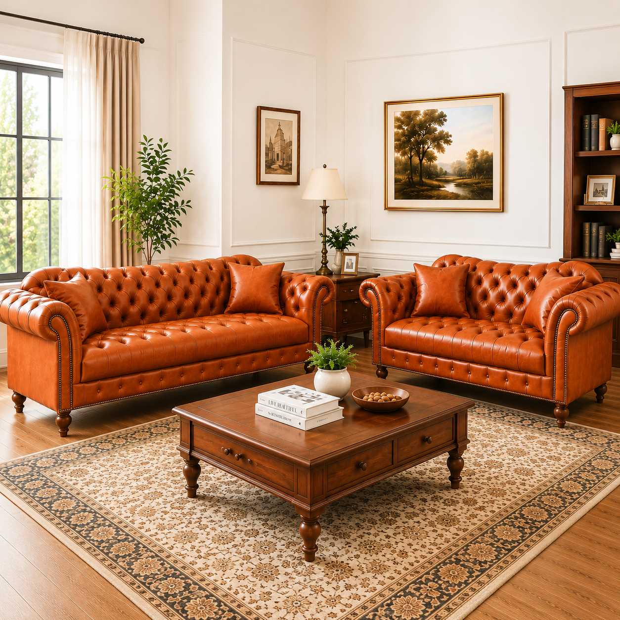 Oxford Chesterfield Sofa upholstered in premium European Napa Genuine Leather, featuring deep button tufting, elegant nail-button detailing, solid wooden turning legs and high-density foam for luxury.