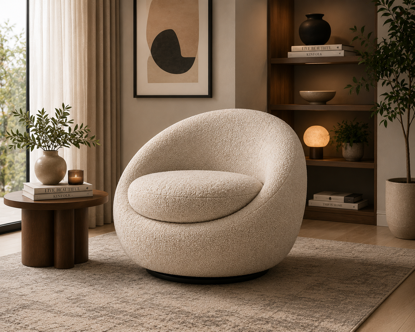 Galaxy sculptural pebble-inspired swivel accent chair that blends organic curves, luxurious comfort, and effortless 360° movement.