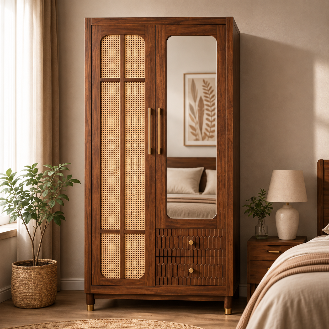 Liora solid wood wardrobe featuring natural cane detailing, elegant CNC-patterned drawers, and spacious storage in a rich walnut finish.