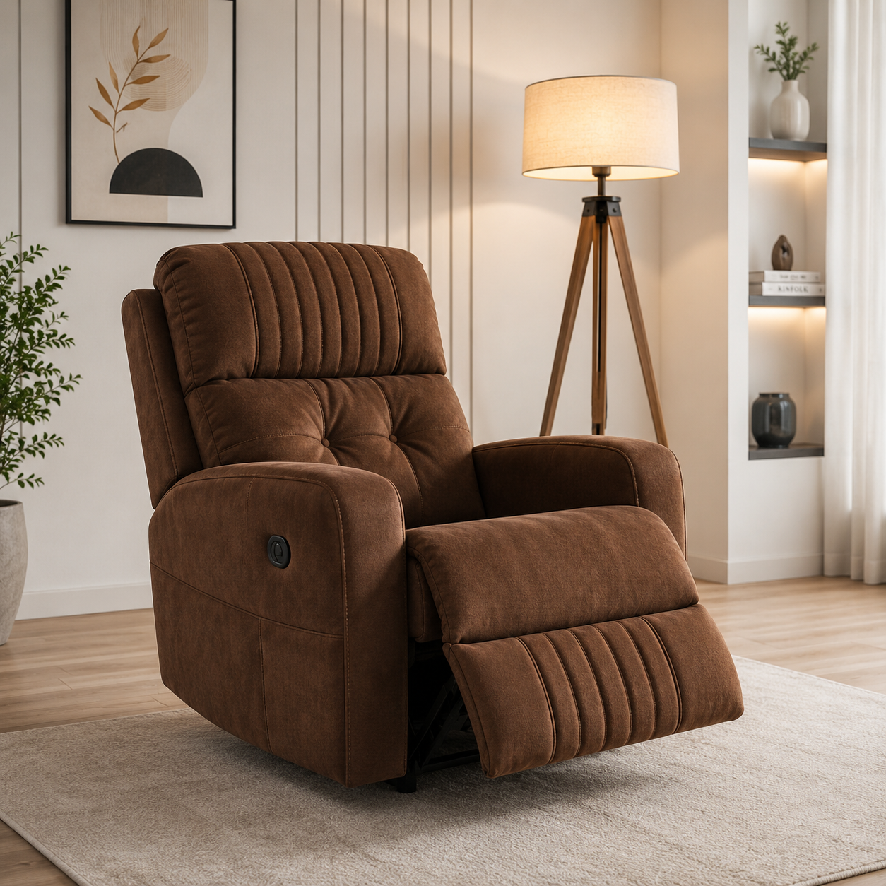 Zenova Experience luxurious comfort with our premium motorized recliner, upholstered in soft velvet fabric for effortless relaxation.