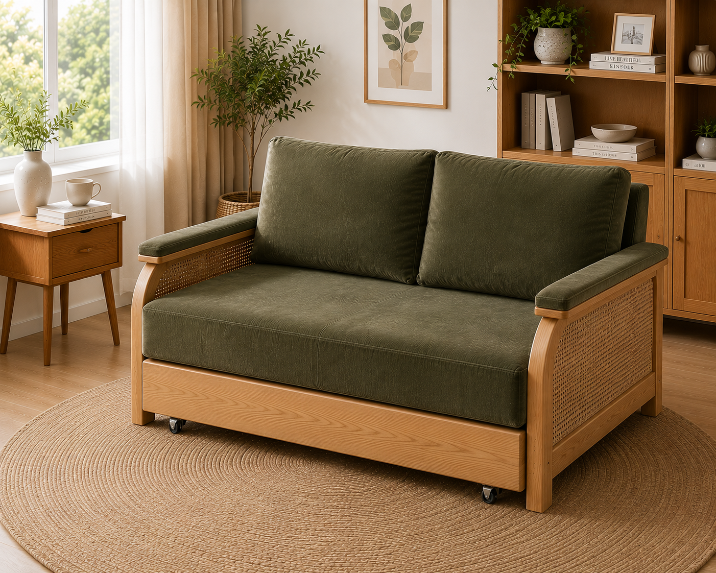 Genvibe FlexiNest Modern wooden sofa cum bed with rattan detailing, soft high-GSM velvet, high-density foam and built-in storage.