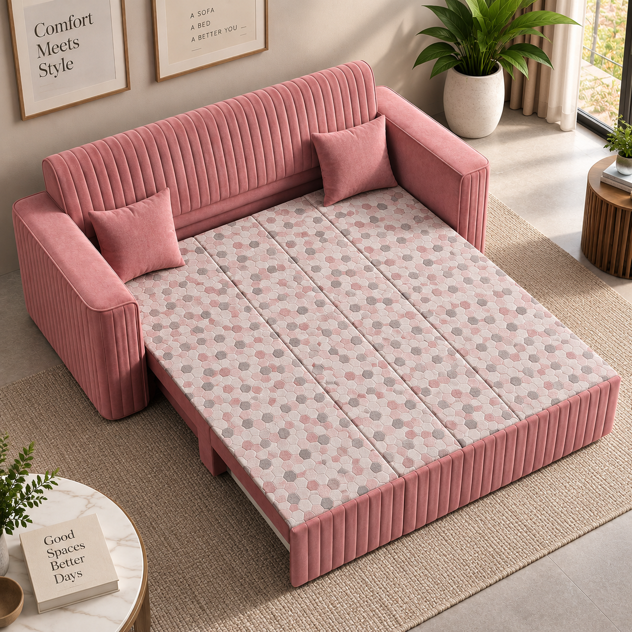 Bali 3 Fold Elegant sofa cum bed with premium upholstery and stylish patterned bedding.