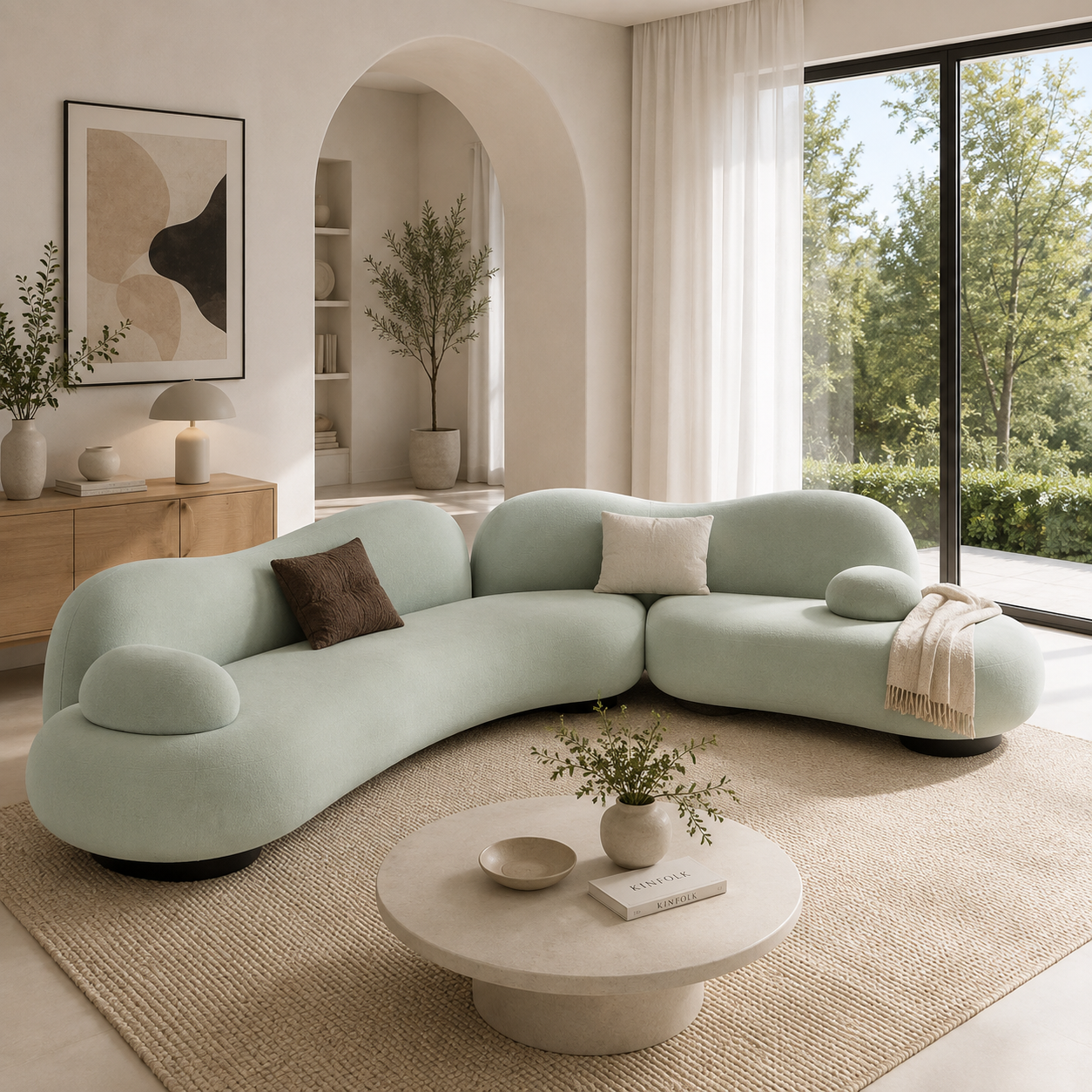 Modern Pebble curved velvet sofa crafted for luxurious comfort and timeless elegance.